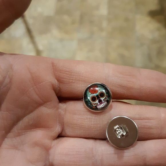 New Day of the Dead Sugar Skull Glass Cabochon Silver Stud Earrings. - Picture 2 of 4